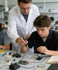 Instructor demonstrating soldering techniques with soldering iron and tip tinner paste in electronics lab setting.