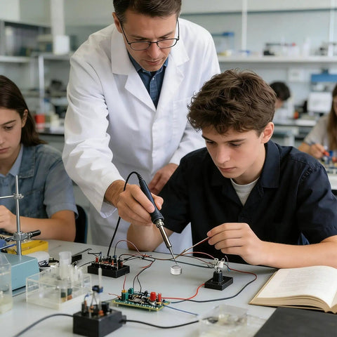 Instructor demonstrating soldering techniques with soldering iron and tip tinner paste in electronics lab setting.