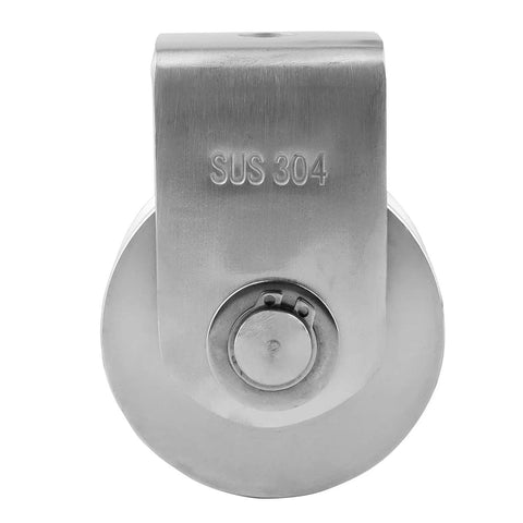 Front view of Heavy Duty Beefed Up V Type Stainless Steel Pulley Block With 360 Degree Rotation Detachable Duplex Bearing Outdoor Grade