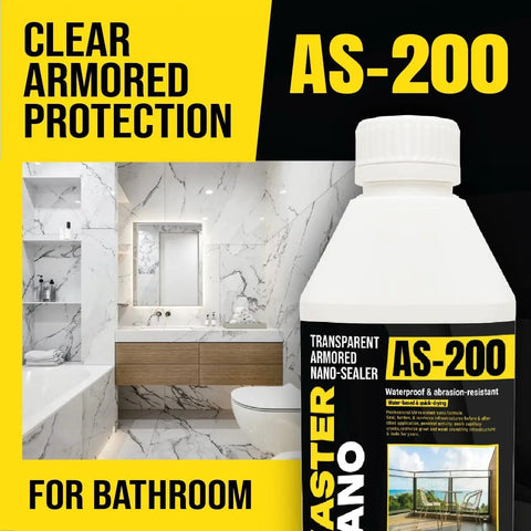 Kickass Invisible Nano Coating For Stone Concrete Tile And Terrace Roofs Waterproof Breathable Barrier With Legit Scratch Resistant Armor Guard Protects Surfaces Against Weather And Daily Wear 17 Oz in a bathroom setting showcasing clean marble tiles.