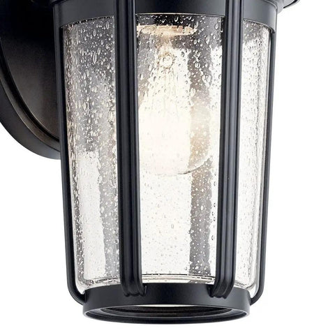 Close-up of Fairfield 11 Inch Outdoor Wall Light 1 Light Black Finish With Clear Seeded Glass Downward Lighting For Porch, Patio Or Entryway