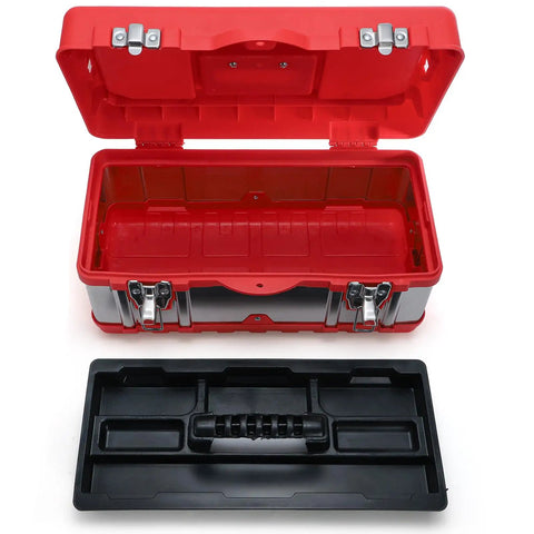 Open red toolbox of 90 Piece Lockout Tagout Kit With Red Tool Box For Electrical Safety, 5 Types Of Lockouts shown empty.