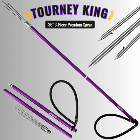36 Inch Travel Ready Underwater Spear For Lionfish Frog And Flounder Gigging, Compact 3 Piece Spear With Heavy Duty Aluminum And Stainless Steel Build, Replaceable 7 Inch 3 Prong Tip, Inline Design With 5mm Center Stone Shot, purple color with disassembled view