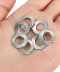 M8x16mm 304 Stainless Steel Belleville Spring Disc Washer 50 Pack Conical Knurled Gasket For Automotive Industrial Construction Use Heavy Duty Be Beefy Performance Flat Washer Set, shown in hand