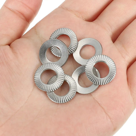 M8x16mm 304 Stainless Steel Belleville Spring Disc Washer 50 Pack Conical Knurled Gasket For Automotive Industrial Construction Use Heavy Duty Be Beefy Performance Flat Washer Set, shown in hand