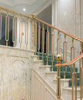 Gold Aluminum Stair Balusters With Tempered Glass Sleek Deck Post Railing No Sweat Install Staircase Rail Replacement 10 Pack 33 5 Inch at a staircase