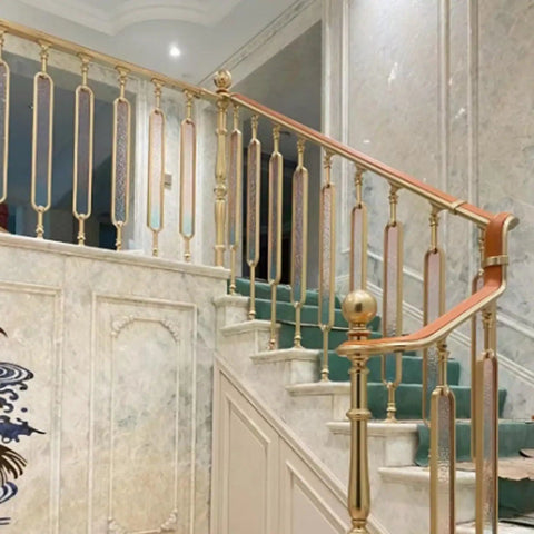 Gold Aluminum Stair Balusters With Tempered Glass Sleek Deck Post Railing No Sweat Install Staircase Rail Replacement 10 Pack 33 5 Inch at a staircase