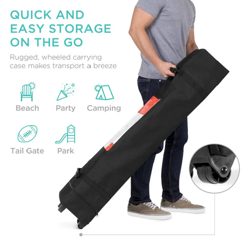 Person holding carry case for 8x8ft Pop Up Canopy Tent For Fast Outdoor Shade No Fuss Setup One Person Setup In Under A Minute