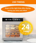 Premium Electric Food Dehydrator Machine With 12 Stackable Trays showing fruit drying and 24-hour timer display on kitchen counter.