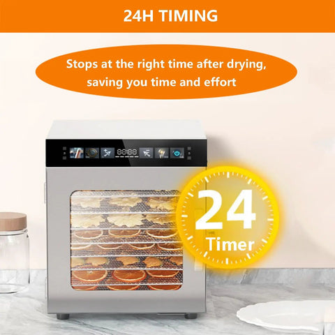 Premium Electric Food Dehydrator Machine With 12 Stackable Trays showing fruit drying and 24-hour timer display on kitchen counter.