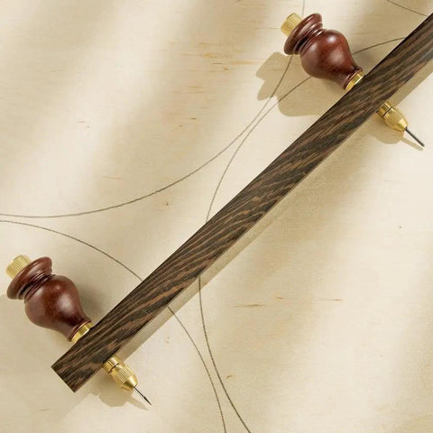 Heavy Duty Adjustable Trammel Points Set With Smooth Hardwood Handles And Precision Pencil Leads For Knockout Circle Layouts, showing details of the tool on paper.
