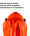 Lumberjack Hard Hat System With UV Indicator, Vent Mesh Visor, shows UVicator sensor on orange helmet for safety tracking.