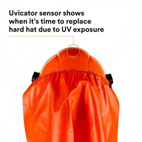 Lumberjack Hard Hat System With UV Indicator, Vent Mesh Visor, shows UVicator sensor on orange helmet for safety tracking.