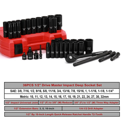 Half Inch Drive Master Impact Socket Set with deep SAE and metric sockets, red case, extension bars, adapters, and ratchet handle.