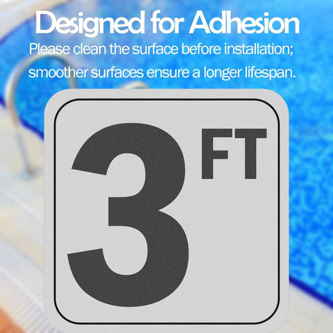 3 ft vinyl pool depth sticker on poolside emphasizing durability and adhesion
