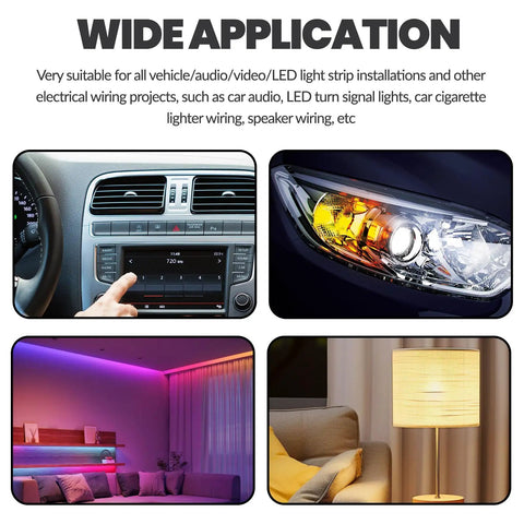 Wide application of Solid As A Rock Solderless Wire Connectors Kit For 18 To 22 Awg in automotive and LED lighting setups.
