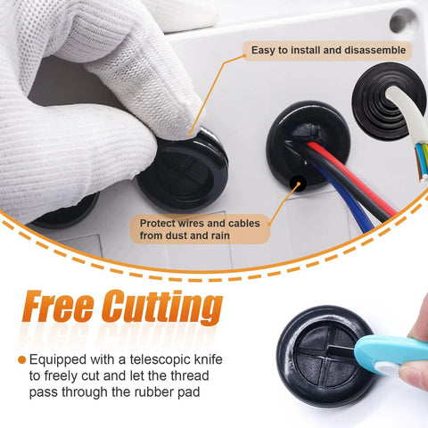 Double Sided Rubber Grommet Kit For Wire Protection shown sealing wires with retractable knife cutting through rubber pad.