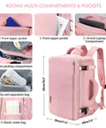 Women Travel Backpack Your Go To Airline Approved Carry On Waterproof Hiking Bag With 16 Inch Laptop Compartment And Overnight Pink Lightweight Durable Day Pack For Weekend Getaways showing multiple compartments.