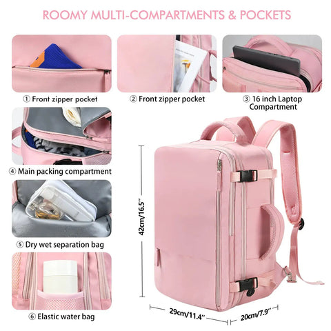 Women Travel Backpack Your Go To Airline Approved Carry On Waterproof Hiking Bag With 16 Inch Laptop Compartment And Overnight Pink Lightweight Durable Day Pack For Weekend Getaways showing multiple compartments.
