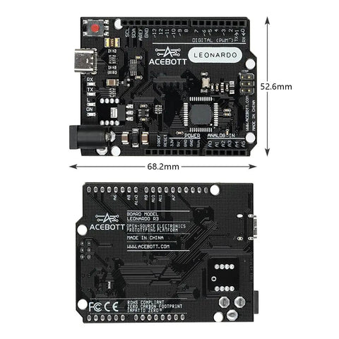 ATmega32U4 Arduino Compatible Microcontroller Board With USB Type C Cable, DIY Starter Kit, 7 To 12V Input, 16MHz Clock, 20 Digital IO Pins With PWM, 2.5KB SRAM, Ideal For Prototyping Projects And Learning Electronics. black Leonardo R3 board, 68.2mm x 52.6mm