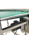 Heavy Duty Pvc Curved Conveyor Belt Makes 90 Degree Turns Without Any Sweat Electric Motor Adjustable Speed 19.6 Inch Wide Belt 400 Watt 110 Volt Stainless Steel Frame And Smooth Rollers Built Tough For Daily Grind Operations close-up of green PVC belt and motor