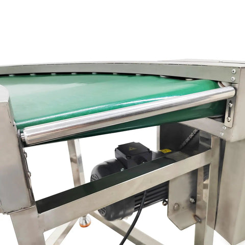Heavy Duty Pvc Curved Conveyor Belt Makes 90 Degree Turns Without Any Sweat Electric Motor Adjustable Speed 19.6 Inch Wide Belt 400 Watt 110 Volt Stainless Steel Frame And Smooth Rollers Built Tough For Daily Grind Operations close-up of green PVC belt and motor