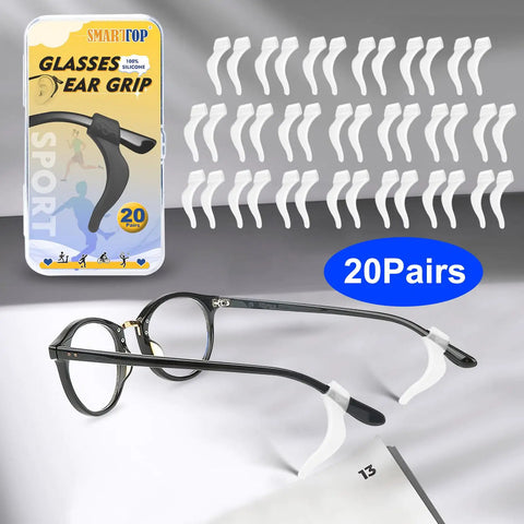 Anti Slip Silicone Eyeglass Ear Grips For Sports Glasses And Sunglasses, 20 Pairs Non Slip Ear Hook Sleeves shown on black frames