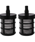 Two Pack Hose Filters for Pumps and Sprayers, Stainless Steel Screen Water Filter for Car Washers, Oil Pumps, High Pressure Pumps, Industrial Equipment, 3/8 to 1/2 Inch Fittings. Image shows two black and stainless steel hose filters with 3/8 to 1/2 inch fittings.