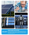 Collage of solar panels, circuit board work, battery pack, and robots for DC Buck Power Converter Module use