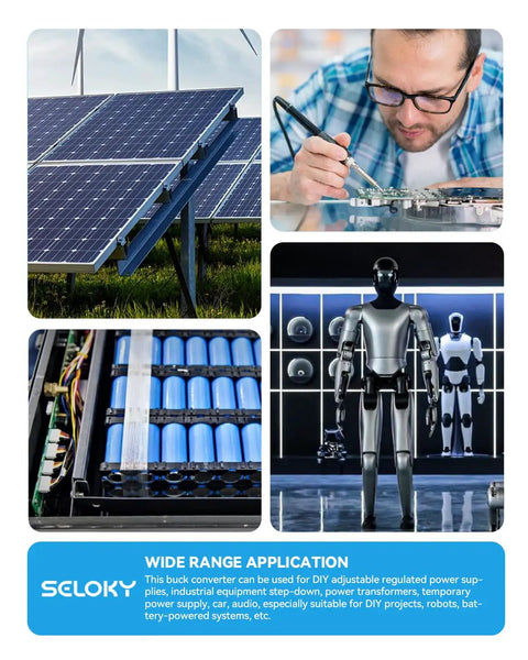 Collage of solar panels, circuit board work, battery pack, and robots for DC Buck Power Converter Module use
