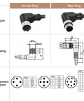 Diagram of M12 Right Angle 8 Pin Sensor Connector To Waterproof Shielded Fly Lead Cable For Automation Applications A Code 8P 90 Degree Female Quick Connect with dimensions and pin arrangement.