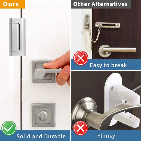 Heavy Duty Aluminum Door Security Lock Reinforcement Latch, Anti Kick In Safety Protector For Front And Interior Doors, Child Proof, Rust Resistant Silver Finish, Withstanding Up To 800 Lbs, 1 Pack installed comparison