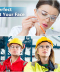 Adults wearing Bulk Pack Of 96 Pairs Clear Safety Glasses With Six Color Frames for eye protection in work and lab settings.