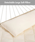 Close-up of cream pillow on large 76.8 by 55 inch double hammock pad with side ties for spreader bar rope hammocks
