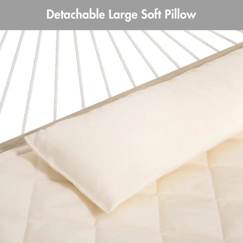 Close-up of cream pillow on large 76.8 by 55 inch double hammock pad with side ties for spreader bar rope hammocks