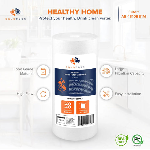 Whole House 1 Micron Water Filter Cartridge 10 x 4.5 Sediment Filtration Replacement for Well Water Compatible with DGD-5005 and AP810, 8-Pack For Home Use, showing product specifications and packaging design.