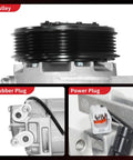 Heavy duty AC compressor with clutch showing pulley, rubber plug, and power plug for Nissan Altima and Rogue models.