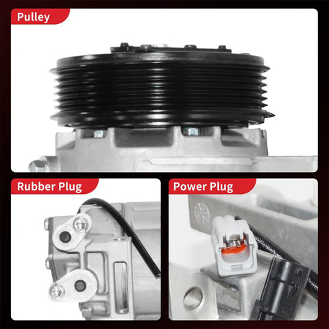 Heavy duty AC compressor with clutch showing pulley, rubber plug, and power plug for Nissan Altima and Rogue models.