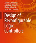 Cover of 'Design of Reconfigurable Logic Controllers' book by Andrei Karatkevich, featuring gears on an orange background.