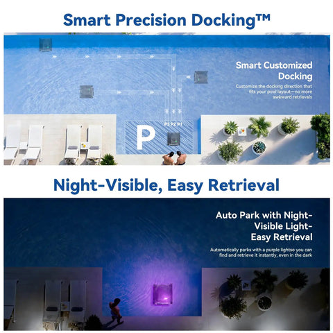 X5 Cordless Robotic Pool Vacuum With Smart Navigation for inground pools shown with night-visible light feature.