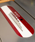 Zero Clearance Throat Plate System for Table Saws with CNC aluminum carrier plate and interchangeable inserts in saw setup.