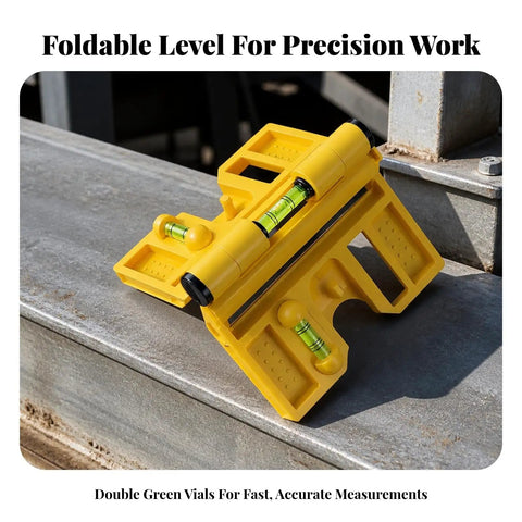 Foldable level with Steel-Gripping, Yellow on a metal surface for precise horizontal and vertical alignment measurements.