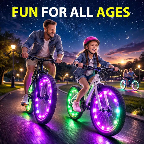 Father and daughter riding bikes with LED bike wheel lights set for night riding 2 tire pack with 7 color modes and disco spoke patterns