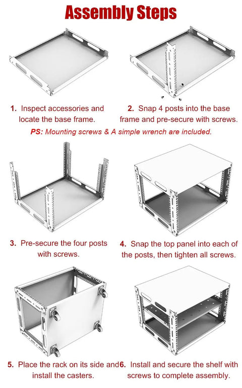 Assembly steps for Heavy Duty Open Frame Server Rack With Smooth Rollin Wheels And No Sweat Cooling Shelves For 20U IT AV Gear.