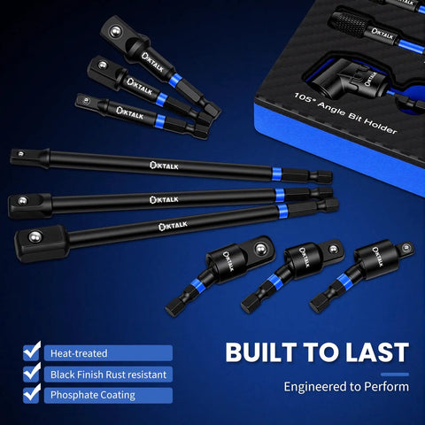 Beefy 14 Piece 1/4 Inch Impact Socket Adapter Kit With Universal Joints And Angle Drill Attachment Includes 8 Extension Bars From 65mm To 150mm Retractable Magnetic Bit Holder Heavy Duty Versatile Driver Accessory Set, 105° angle holder and extension bars