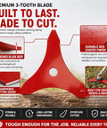 Top Rated Heavy Duty 3 Tooth Brush Cutter Blades For Yard Machines Y28 Plus More Models thick steel blade with red finish for trimming grass.