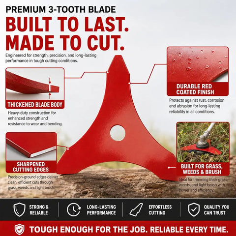 Heavy Duty 2 Pcs 3 Tooth Brush Cutter Blades For Yard Machines Y60, Thick High Strength Steel Blades with 8 Inch Width showing cutting edges and center hole.