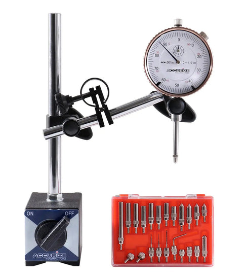 Heavy Duty 110 Lb Magnetic Base With Fine Adjustment, 0 To 1 Inch Dial Indicator 0.001 Inch Resolution, Includes 22 Piece Indicator Point Kit