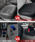 Comparison showing before and after using 2 Pack Leather Front Car Seat Cover Bottom Seat Protector Set No Slip Full Wrap Driver Seat Protector With Storage Pocket Luxury Waterproof Auto Seat Cushion Pad Mat For Most Vehicles Black.