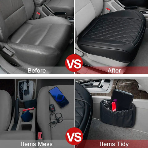 Comparison showing before and after using 2 Pack Leather Front Car Seat Cover Bottom Seat Protector Set No Slip Full Wrap Driver Seat Protector With Storage Pocket Luxury Waterproof Auto Seat Cushion Pad Mat For Most Vehicles Black.